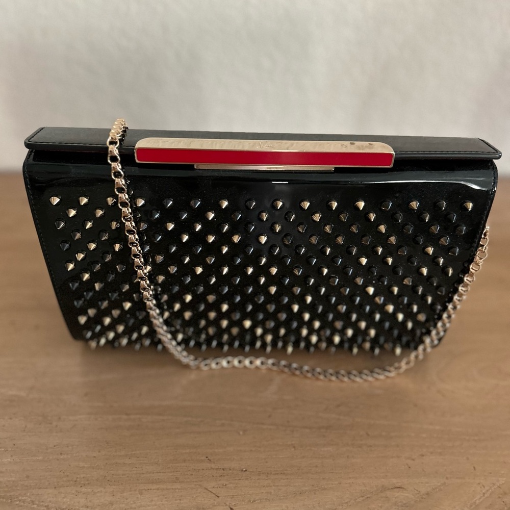 Christian Louboutin Black Patent Studded Clutch with Gold Chain Strap